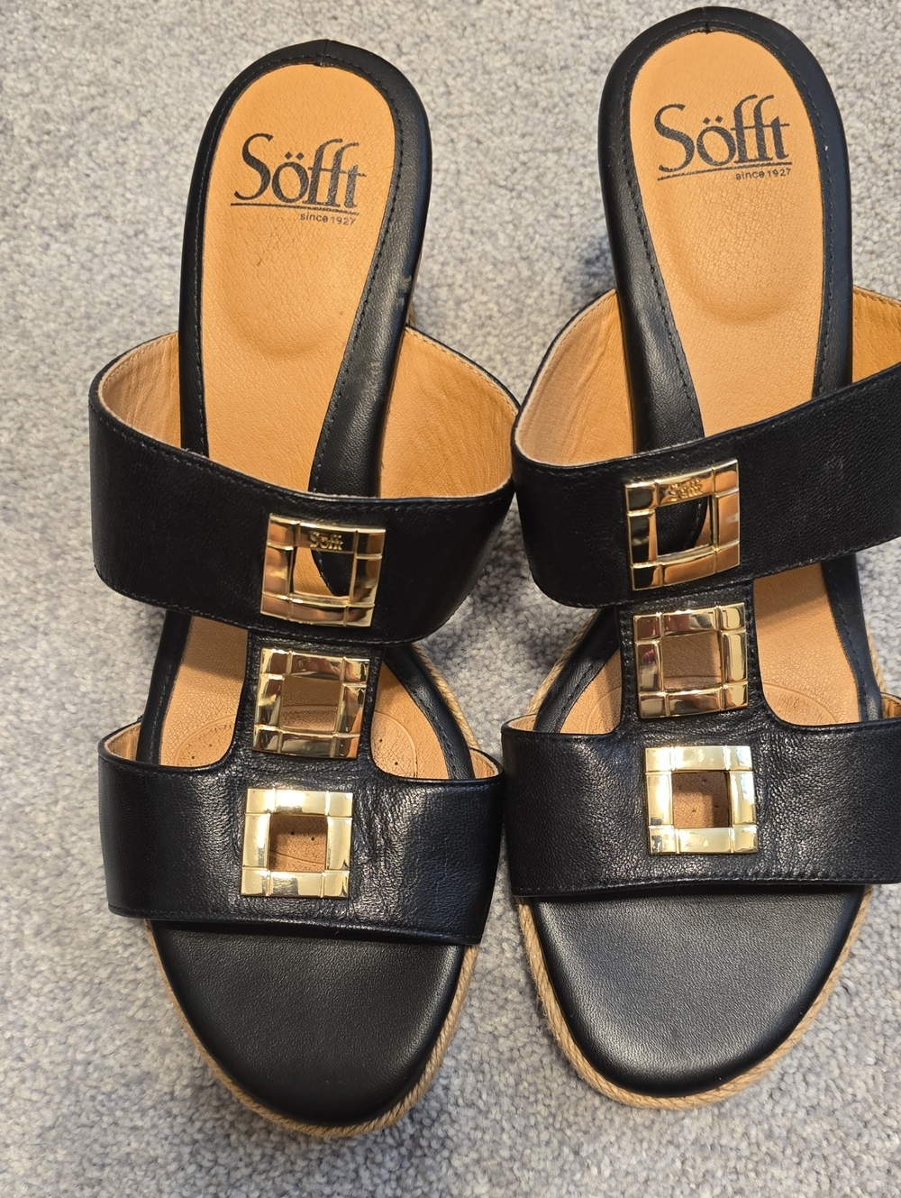 Söfft Black Leather Slide Mules with Gold Square Accents